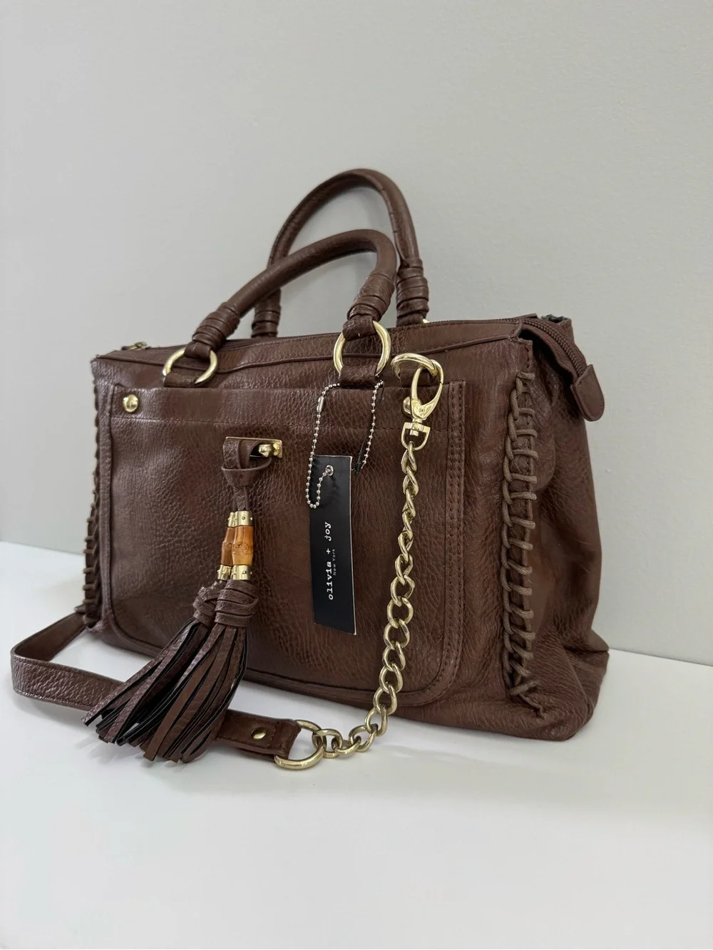 Olivia + Joy Stitched Brown Shoulder Bag with Detachable Gold Chain Strap
